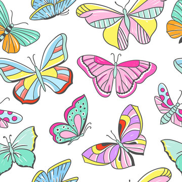 Seamless colorful pattern with butterflies. Flying butterflies beautiful background