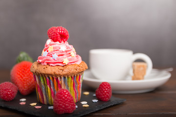 homemade cupcakes with frosting close up