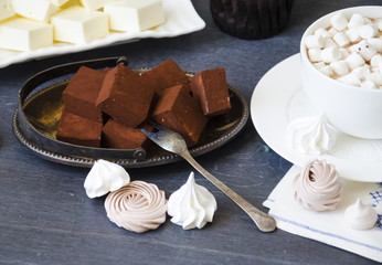 Chocolate cake and other sweets with salted caramel and bird’s milk