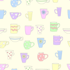  Seamless pattern with cups and mugs. Colored mugs of different shapes on a yellow background. Vector illustration.