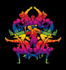Obraz premium Group of people dancing, Dancer action, Street dance team, Hip hop or B boy dance graphic vector 