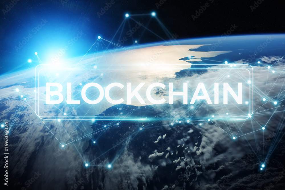 Aufkleber blockchain on planet earth 3d rendering