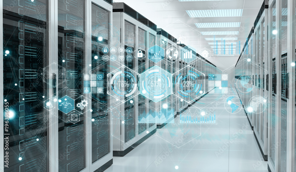 Fototapete graph holograms flying over server room data center 3d rendering