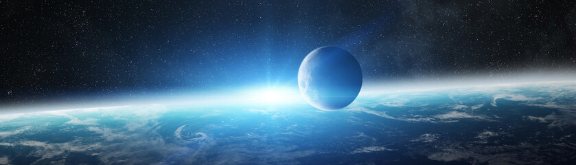 Panoramic view of planet Earth with the moon 3D rendering elements of this image furnished by NASA