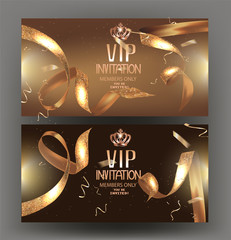 VIP golden banners with confetti and golden ribbons. Vector illustration