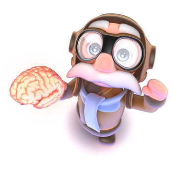 3d Funny cartoon airline pilot character holding a human brain