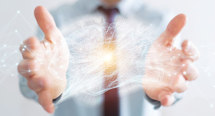 Businessman using digital x-ray human brain interface 3D rendering