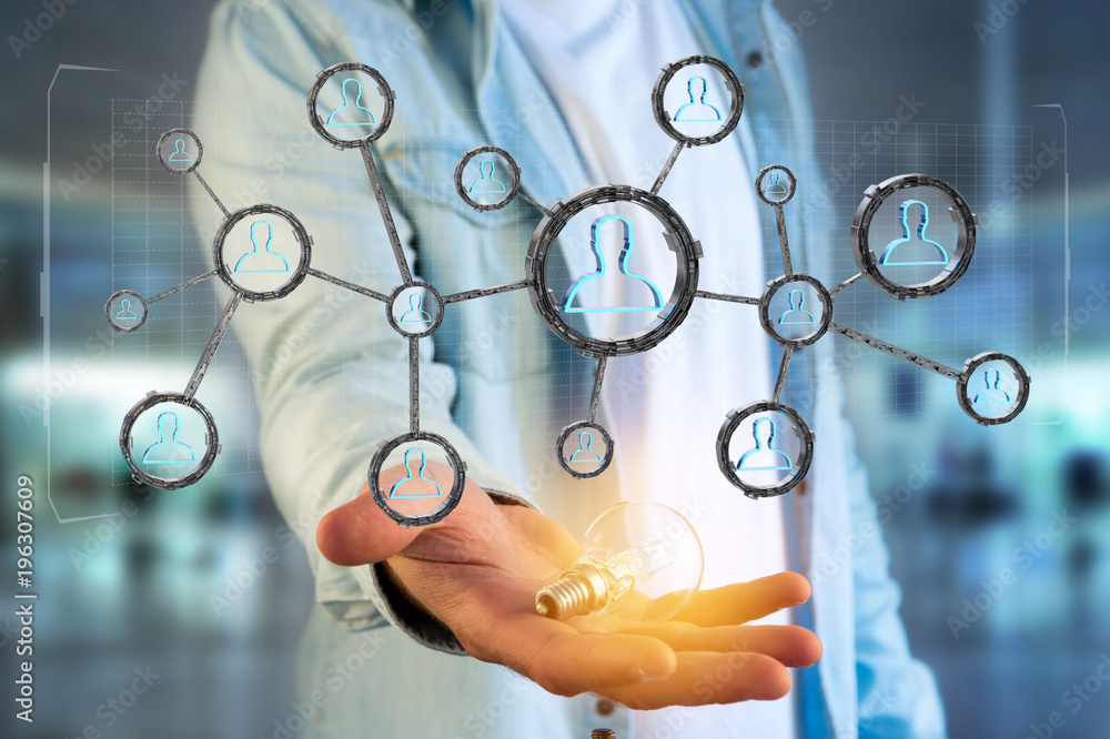 Poster network connection with people linked each other in technology wheel - 3d rendering