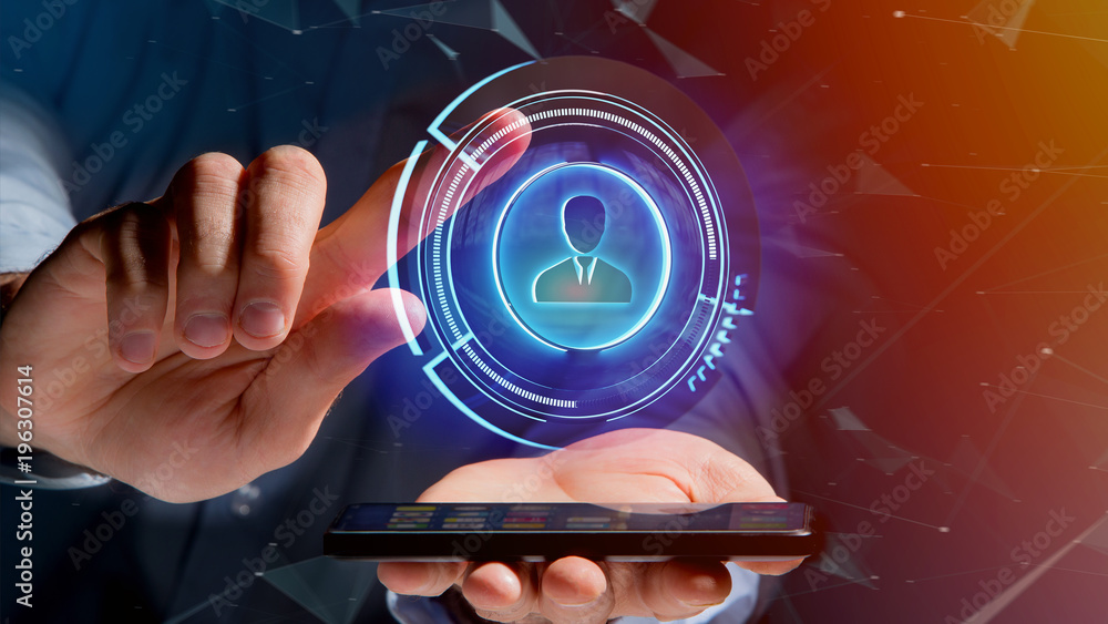 Poster businessman using a smartphone with a shinny technologic network contact button - 3d render