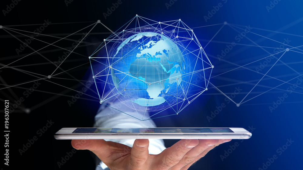 Poster businessman using smartphone with a connected network over a earth globe concept on a futuristic int
