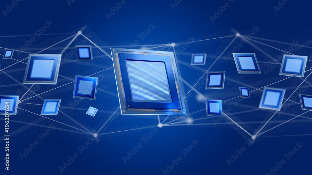 Poster processor chip and network connection - 3d render
