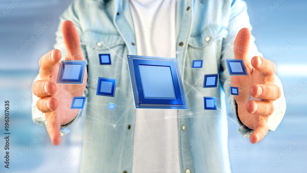 Poster processor chip and network connection - 3d render