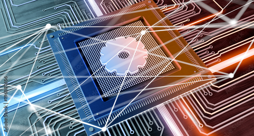 Aufkleber cpu processor chip with a gear and network connection on a circuit board - 3d render