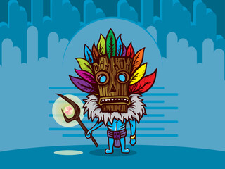 Man in strange mask, jungle cartoon man with staff
