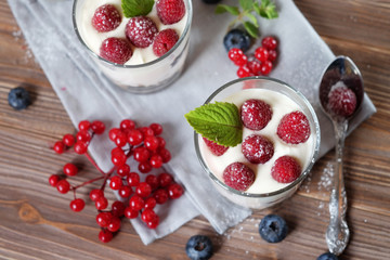 Healthy breakfast with yogurt and granola. Top view. Close up.