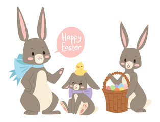 Obraz premium Easter rabbit vector holiday bunny rabbit and Easter eggs pose cute happy spring adorble rabbit animal illustration happy family celebration