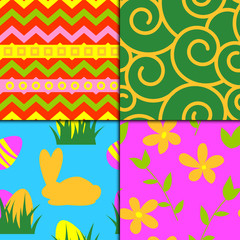 Easter rabbit character bunny seamless pattern background vector cute happy animal illustration decorative ornament nature flora decoration..