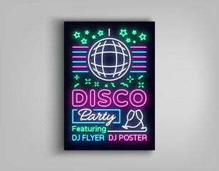 Disco party poster neon banner. Nightclub party, neon style flyer, disco ball, musical night posters template, bright neon advertising party, nightclub, concert, disco. Vector Illustrations