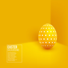 Abstract Easter yellow background. Decorative 3d egg on yellow wall background. Vector illustration.