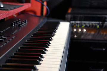 Modern synthesizer at radio station, closeup