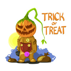 Vector isolated on white background. Trick or treat Halloween day case or card. The boy of helloween.