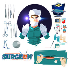 Surgeon doctor character design with Surgical Tools. operating room tools and equipments. typographic - vector illustration