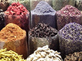Colorful spices on the traditional arabian souk market in Deira. Dubai, United Arab Emirates (UAE)