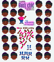 Black boy. Twenty eight expressions and basics body elements, template for design work and animation. Vector illustration to Isolated and funny cartoon character.