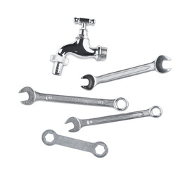Plumber's items on white background