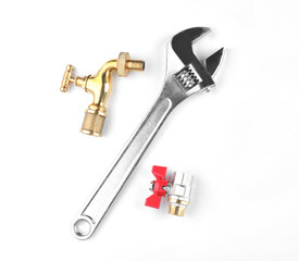 Plumber's items on white background