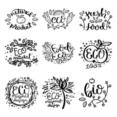 Eco vector organic labels, bio emblems for stickers and restaurants menu, natural products packaging.