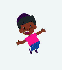 Black boy in a swimsuit jumping terrified.