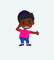 Black boy in a swimsuit, is angry and points his head with his index finger.