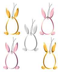 Set 5 Easter Hangtags Eggs Bunny Ears Feet Frame Gold, Silver, Rose Color on White, stock vector illustration