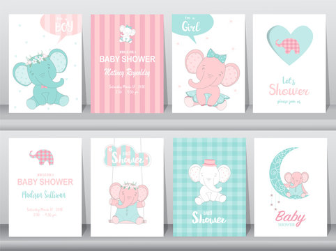 Set of baby shower invitations cards,birthday card,elephants, poster, greeting, template, animals, Vector illustrations 