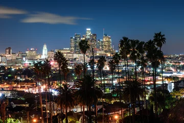 Schilderijen op glas Mooie nacht van de skyline van het centrum van Los Angeles en palmbomen op de voorgrond © chones