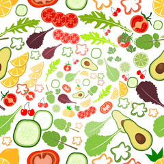 Seamless background pattern of organic farm fresh fruits and vegetables. Flat style design on transparent background.