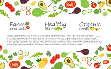 Seamless background pattern of organic farm fresh fruits and vegetables. Flat style design on transparent background.