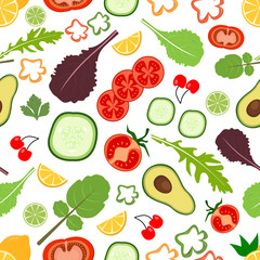 Seamless background pattern of organic farm fresh fruits and vegetables. Flat style design on transparent background.