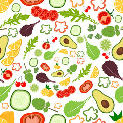 Seamless background pattern of organic farm fresh fruits and vegetables. Flat style design on transparent background.