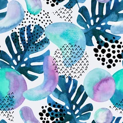 Schilderijen op glas Abstract seamless pattern with watercolor tropical leaves, geometric shapes - minimal grunge textured circle, arc, triangle. © Tanya Syrytsyna