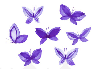 Set of illustrations of watercolor butterflies.