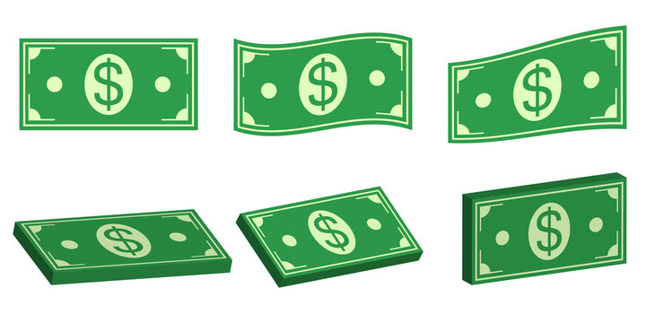 Set icons money dollar, flat and 3D bundle of cash. Vector symbol money for payment of pay, flat and isometric, bundle of cash dollar