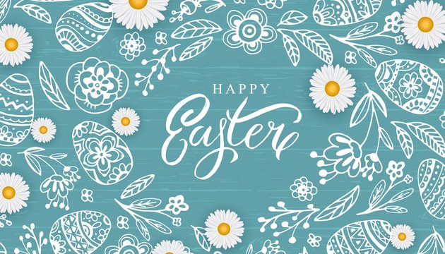Happy Easter banner with hand drawn flowers, egg on wood background.