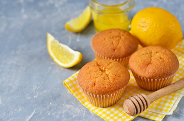 Homemade, lemon muffins with honey and mint on a concrete background