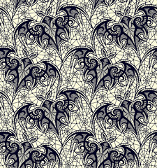 Bat. Seamless pattern. Black Lace  pattern. Yellow background.