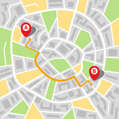 City map of an imaginary city with a route from point A to point B. Vector illustration.
