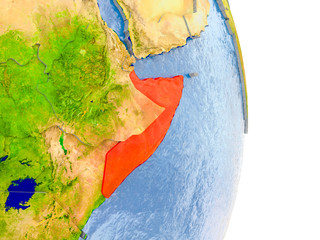 Somalia on realistic globe