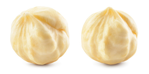Hazelnut. Fresh organic peeled filbert isolated on white background. Nut macro. Collection. Full...