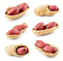 Peanuts. Nuts in shell and peeled isolated on white background. Collection. Full depth of field.